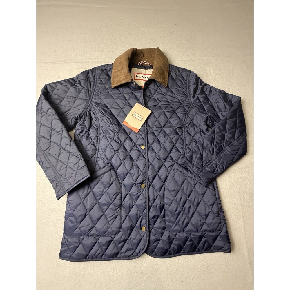 Hunter Rachel Quilted Jacket Women M Blue Snap Button Mid-Length Nylon Coat